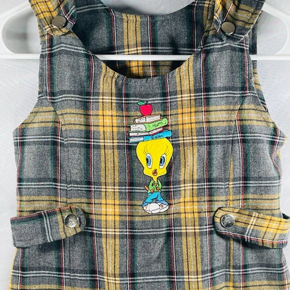 Vintage WB Looney Tunes Tweety Girls Plaid School Books Dress Size 6X - Picture 2 of 9